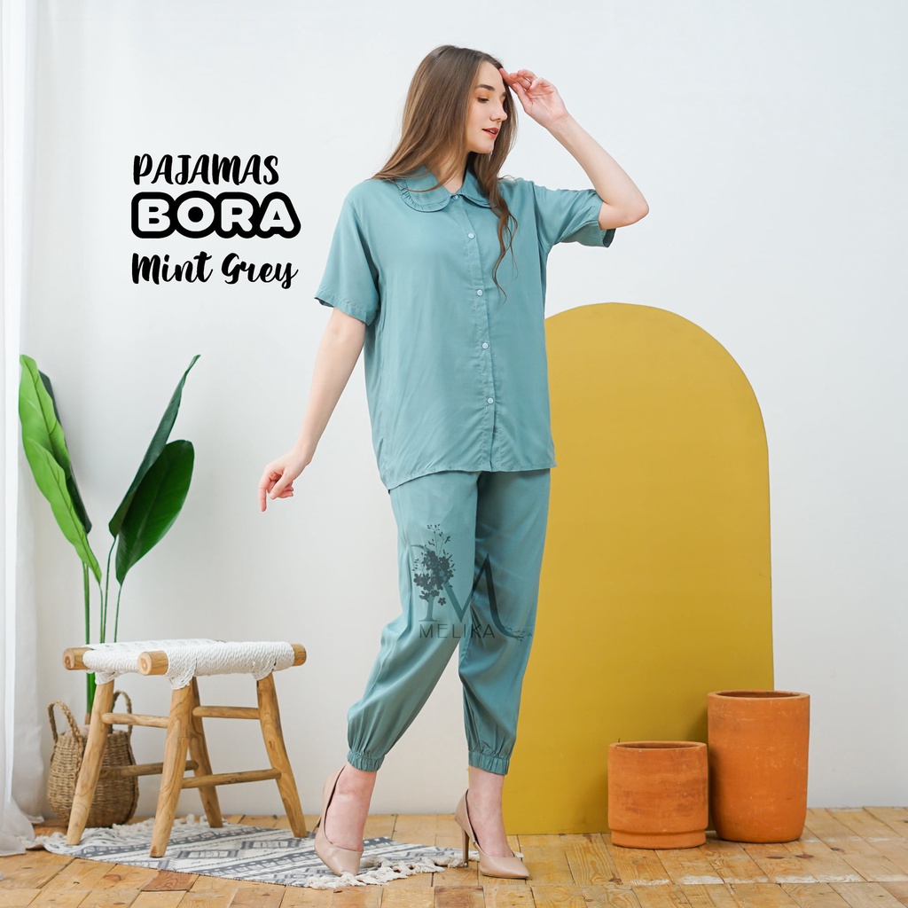Melika - Set Pajamas Kerah Ala Korea Lengan Pendek Celana Panjang Jogger Bora