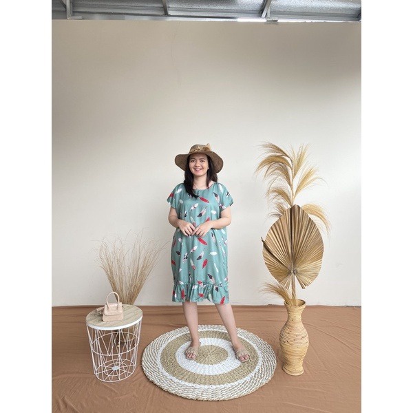 Daster Viral Ruffle Busui Friendly Resleting Depan Lengan Pendek | Daster Kekinian Busui Murah | Daster Rayon Busui Motif Terbaru Panjang Selutut-Busui DaunHijau