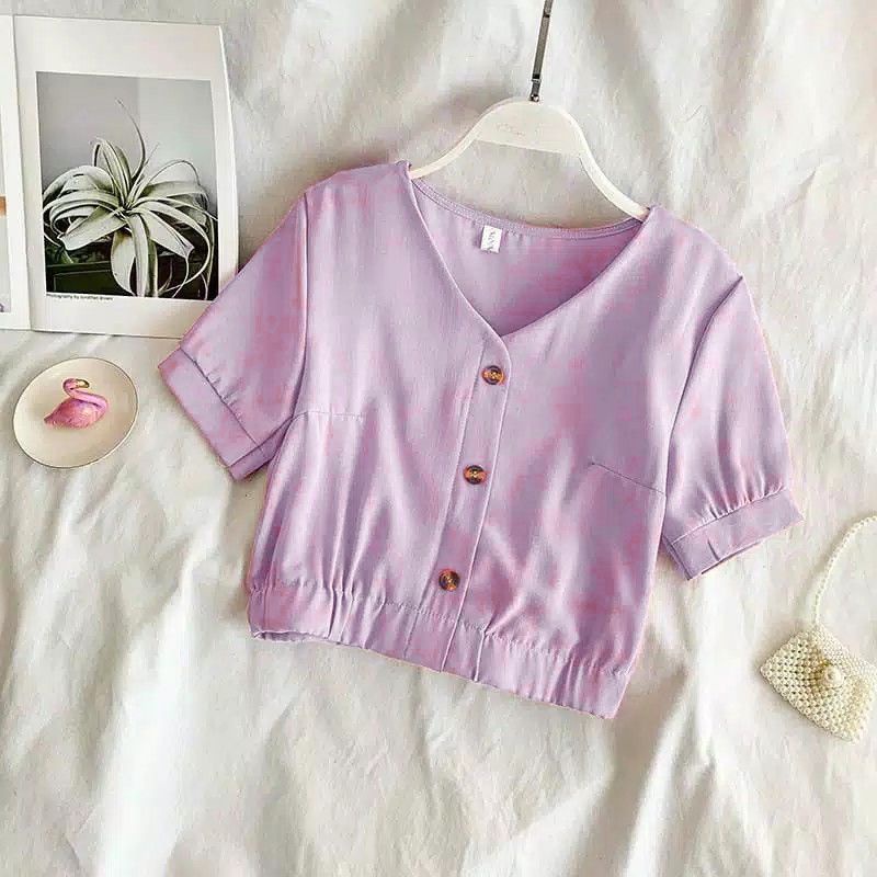 Zoya blouse Lilac blue kancing mati button pinggang karet lengan balon puff lengan pendek biru atasan wanita