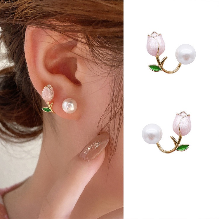 Anting Tusuk Desain Bunga Tulip Pink Hias Mutiara Gaya Korea Untuk Wanita 2022