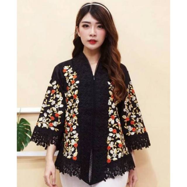 Kebaya Encim Senada modern katun kombinasi brukat import full bordir hitam