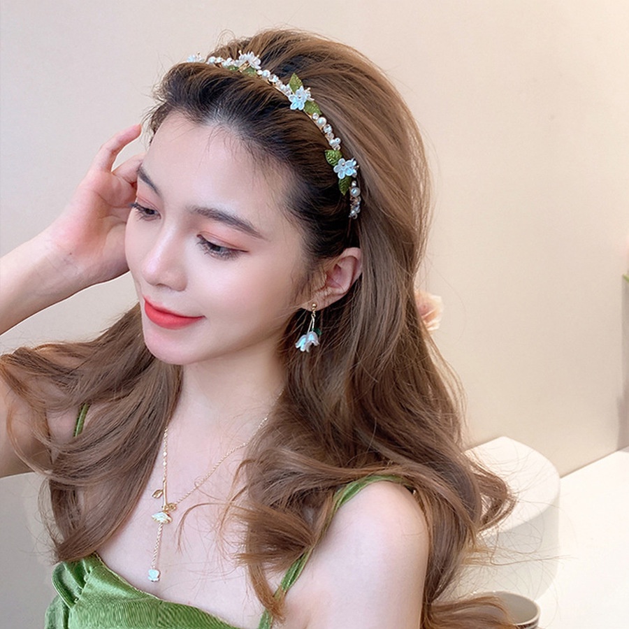 Bando Desain Bunga Daun Aksen Mutiara Kristal Berlian Imitasi Bahan Logam Gaya Korea Untuk Wanita