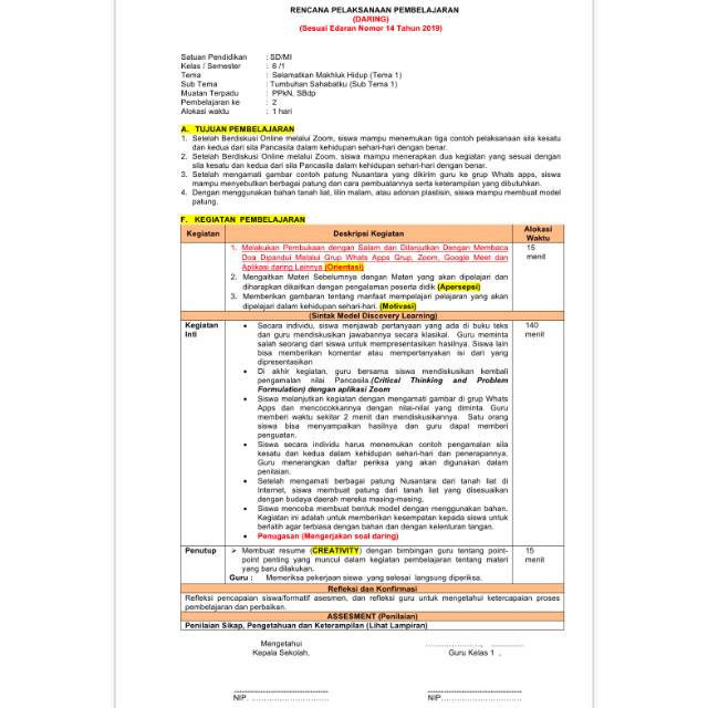 RPP DARING TEMATIK KELAS 6 REVISI 2020