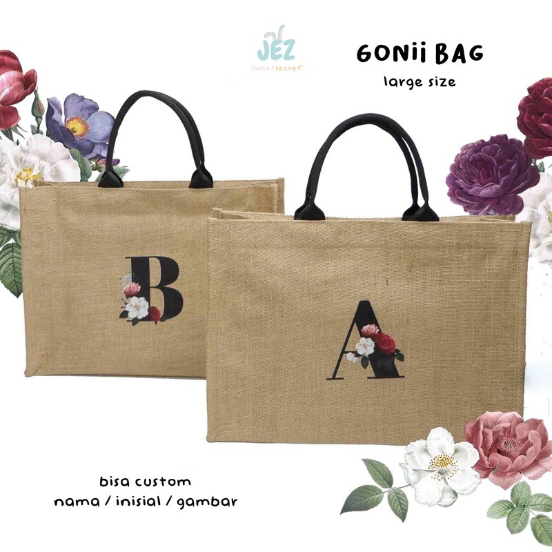 TAS GONI CUSTOM NAMA WATERPROOF TAS PANTAI BALI ETNIK BEACH BAG PREMIUM JUTE BAG ECO BAG