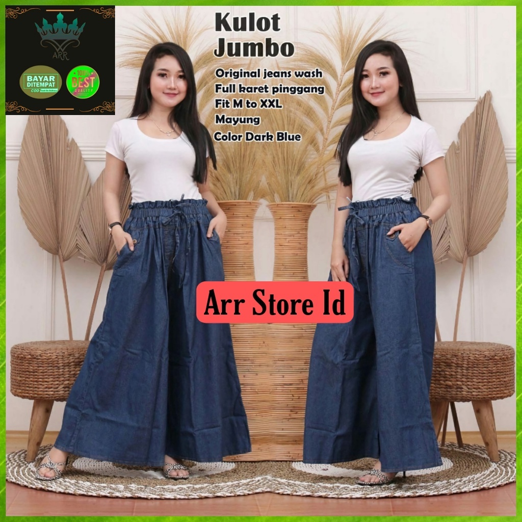 Celana Kulot Jeans Panjang Jens Wanita Jumbo Kekinian Hight Waist Pinggang Karet Premium Ld 75-120 P 95 Allsize