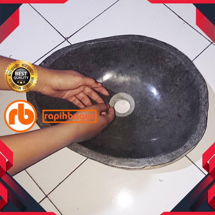 wastafel batu kali klasik cantik glossy natural awet bak cuci tangan di meja bowl sink river stone b
