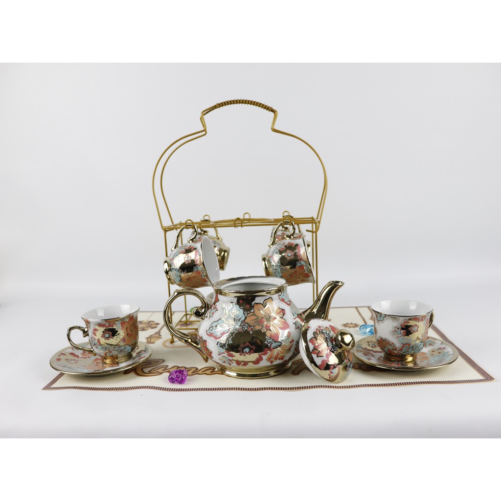 TEKO CANGKIR SET + RAK / TEA SET MOTIF BUNGA