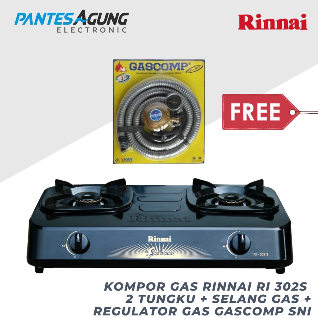 Kompor Gas Rinnai RI302S / RI 202S 2 TUNGKU + Selang Gas + Regulator Gas Gascomp SNI