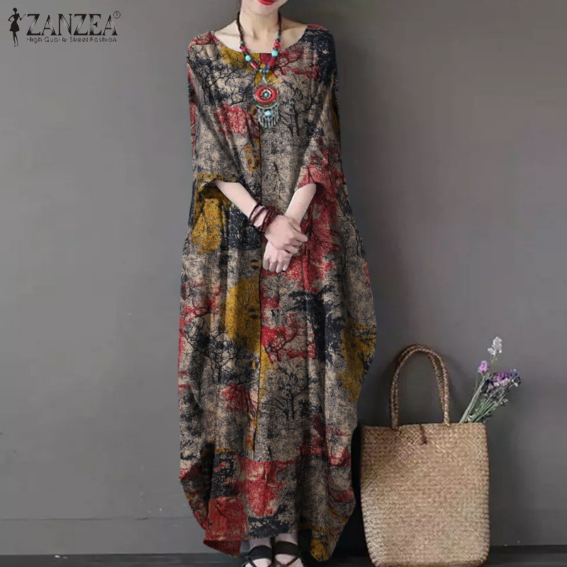 ZANZEA Women Casual Ptinted 3/4 Sleeve Side Pockets Maxi Dress