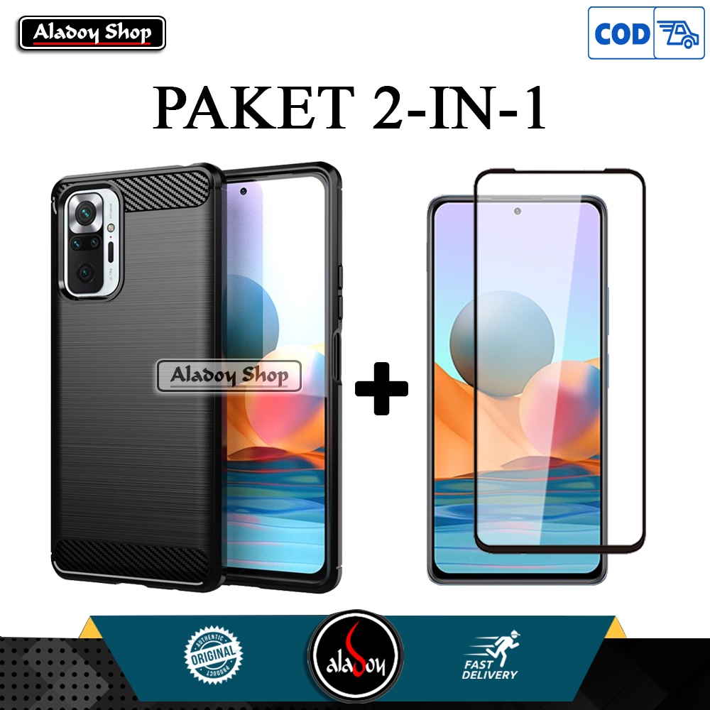 PAKET Softcase Carbon Xiaomi Redmi Note 10 Pro 2021 Free Tempered Glass Full Layar