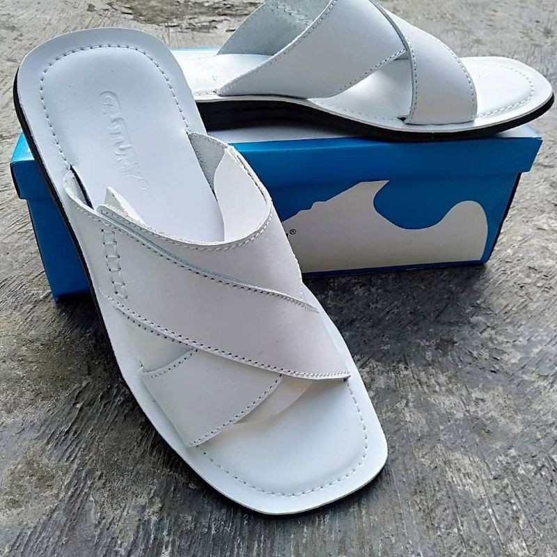 sandal slide pria kulit asli murah original casual warna putih tready kekinian