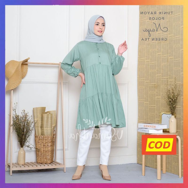 Nanoystore Tunik Muslim Polos Lengan Panjang Motif Rempel Bahan Rayon Premium Warna Greentea