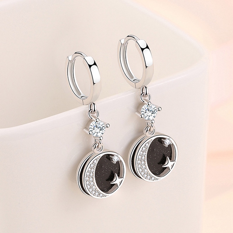 Anting Gantung Sterling Silver 925 Model Bulan + Bintang Hias Kristal Vintage Untuk Wanita