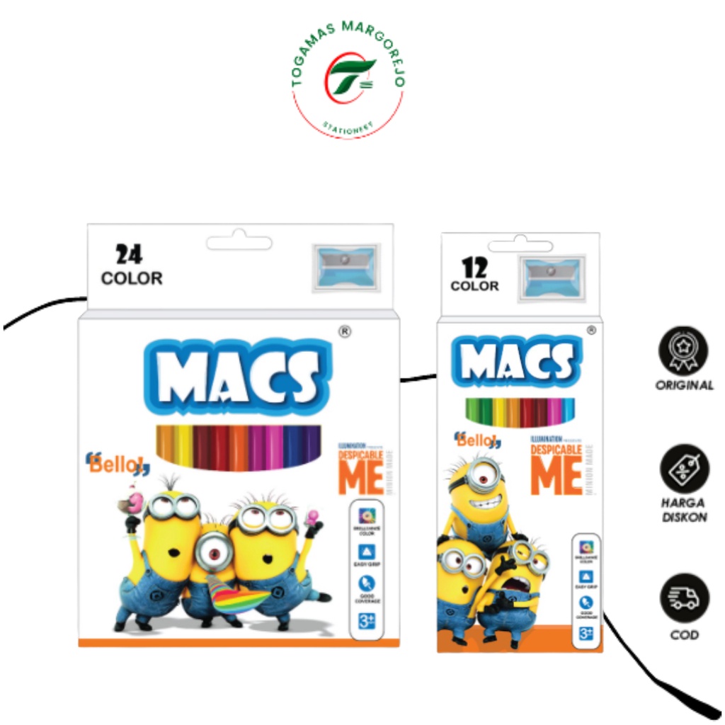 

READY !! PENSIL WARNA 12 & 24 COLOUR MINION PER PACK MACS + SHARPENER