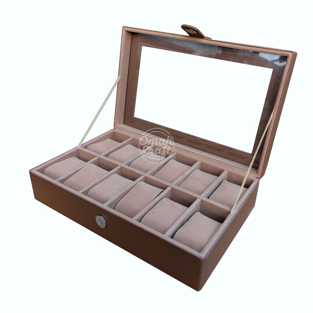 kotak Jam Tangan isi 12 Warna Cokelat Muda Moca / box Tempat Jam Tangan / Watch Box Organizer