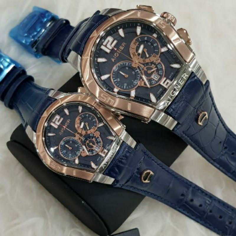 Jam Tangan Couple Aigner Palermo Cronograp Super Graden AAA Tali Kulit Biru - Aigner Palermo Couple
