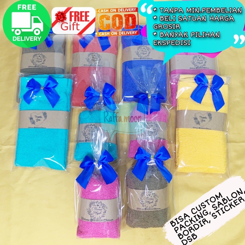 Custom Souvenir Pernikahan Murah Handuk Saputangan Mutia Segiempat Handuk Mini Kemas Label Coklat