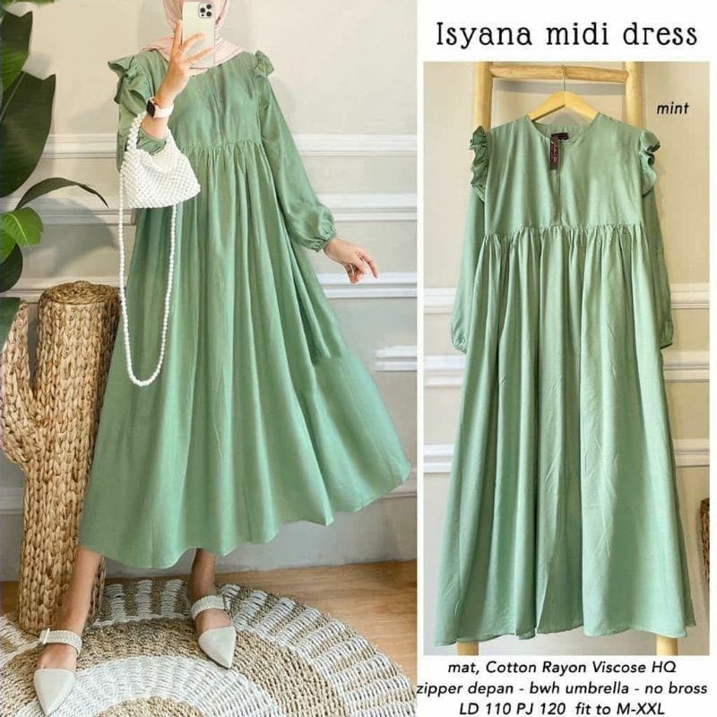 ISYANA Midi Dress Muslim Wanita - Baju Gamis Wanita Midi Dress Terbaru - Dress Muslim Rayon