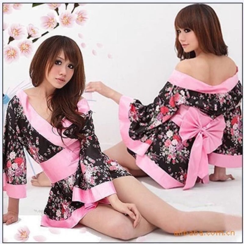 Sexy Kimono Jepang Cosplay Kostum Hitam Pink Motif Bunga