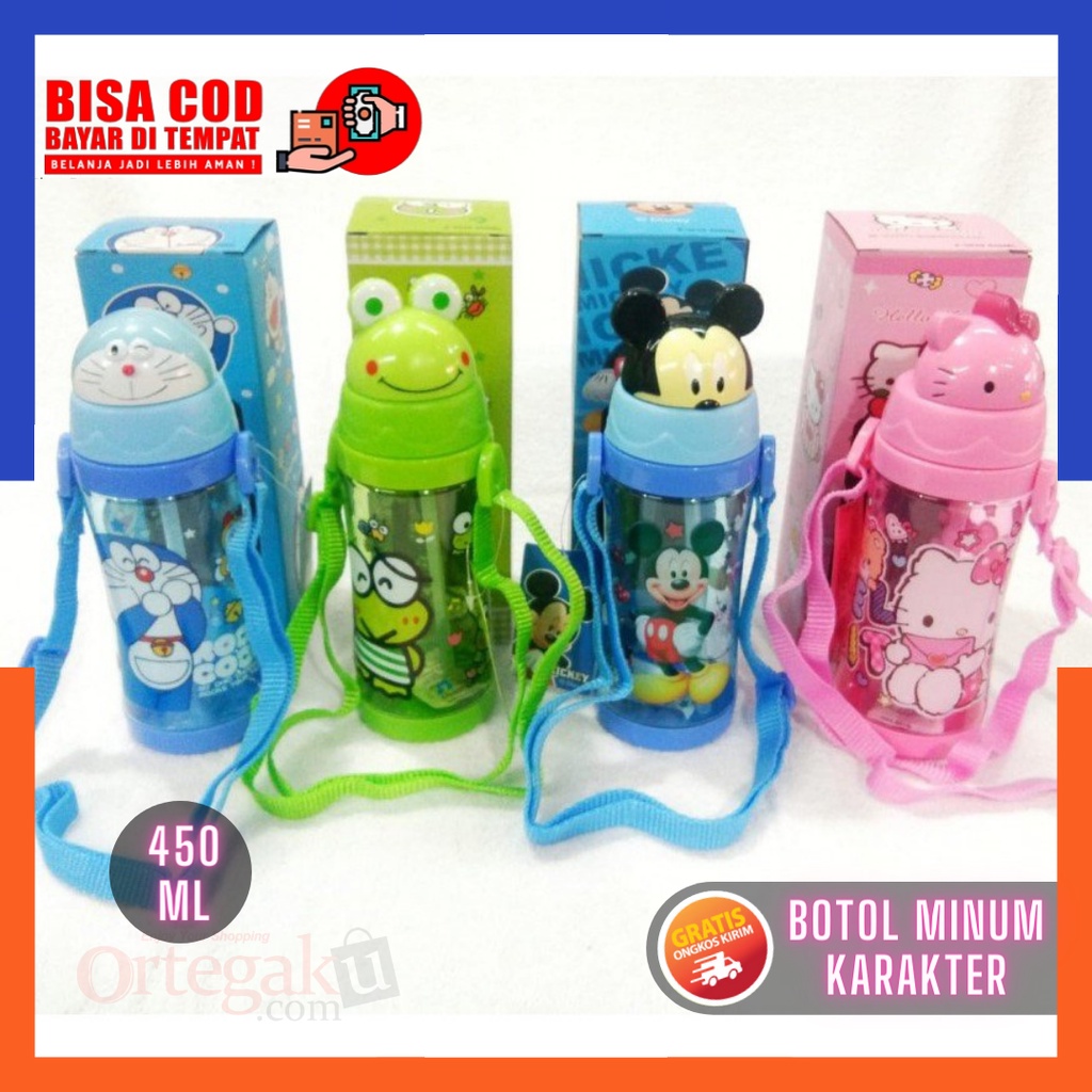 Botol Minum Anak Kepala Karakter Hello Kitty, Mickey Mouse 450 ml | Botol Karakter Anak Sedotan | Te