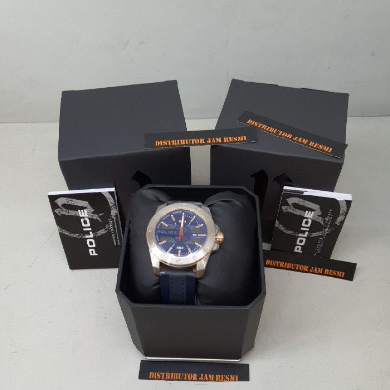 Jam Tangan Pria Police PL. 15532JSTR/03 Silver Rose Gold Blue Navy Leather Quartz
