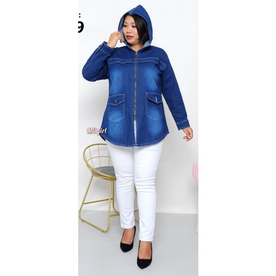 MC girl - Jaket Jeans Resleting Topi Jumbo Wanita / Jas Lepis Sleting Hoodie / Jaket Denim Kupluk Big Size