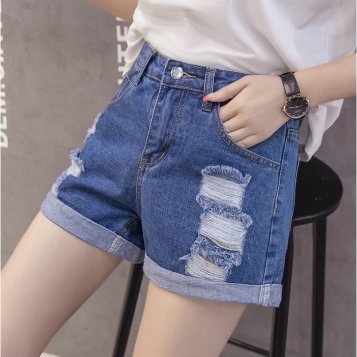 Celana pendek denim robek berpinggang tinggi versi Korea pakaian wanita hot pants kaki lebar longgar Cocok untuk semua usia