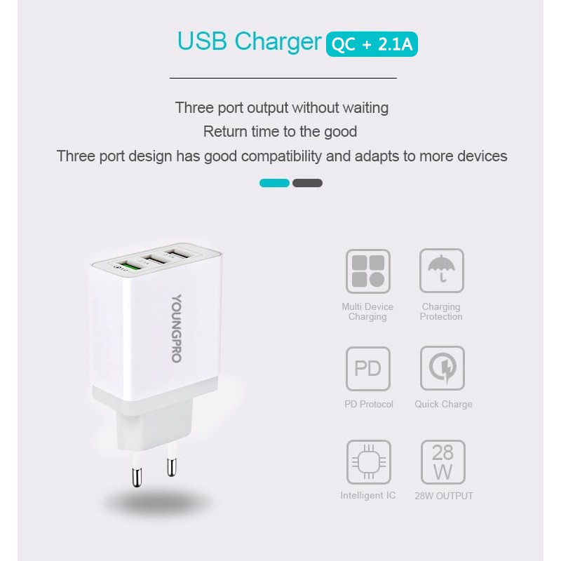 YOUNGPRO YPC03 28W 3 Port Quick Charge QC 3.0 Fast Charging