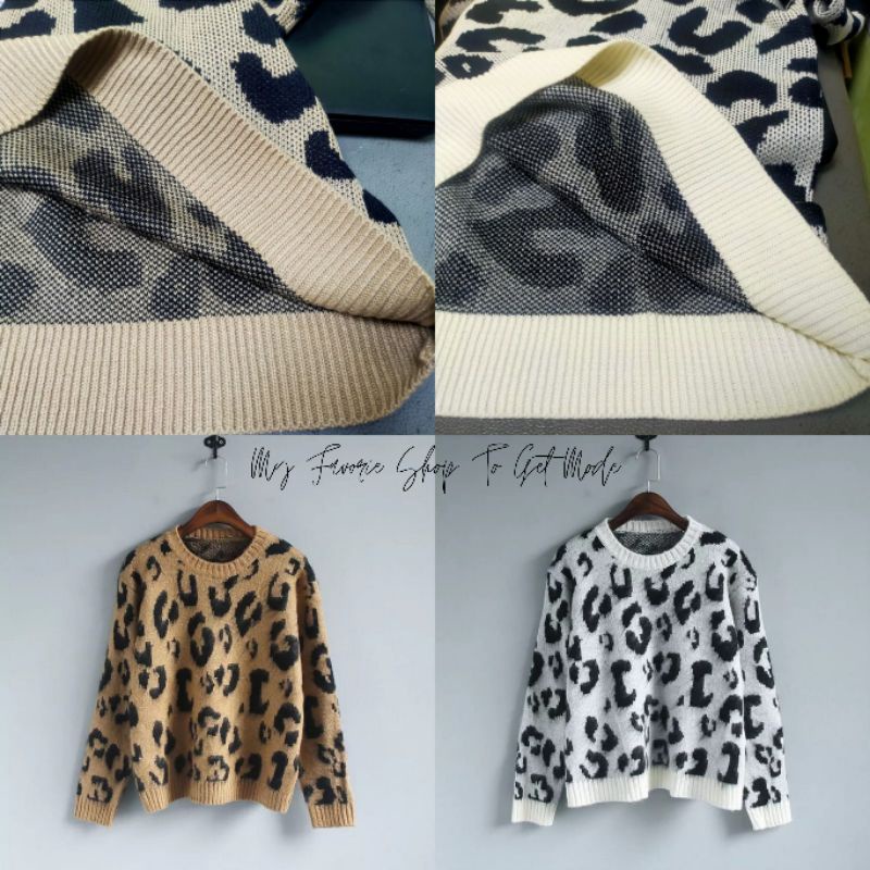 Sweater Rajut Leopard Vintage Sweater Wanita Motif Macan Broken white - Hitam XL