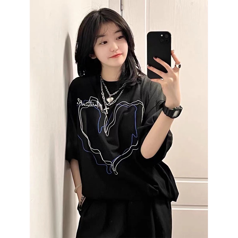 t-shirt baju wanita kaos korean style love atasan oversize lengan pendek