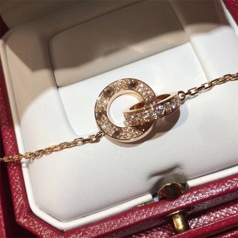 Klasik 18 K Rose Gold Kalung Cinta Ganda Cincin Seri Kalung Penuh Berlian Klavikula Rantai