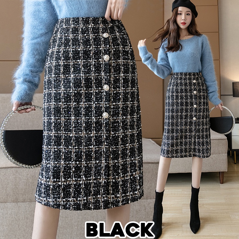 KARAKOREA 9977 Side Pocket Tweed Skirt/Korean Women Skirt/Rok Midi