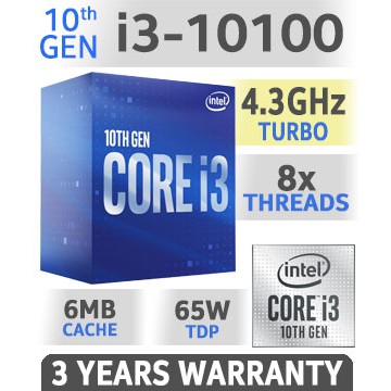 Processor Intel Core i3-10100 Box 3.6Ghz-4.3Ghz LGA 1200 6mb cache 8 threads 4 core 65w gen 10 UHD graphics 4k 60hz Comet lake