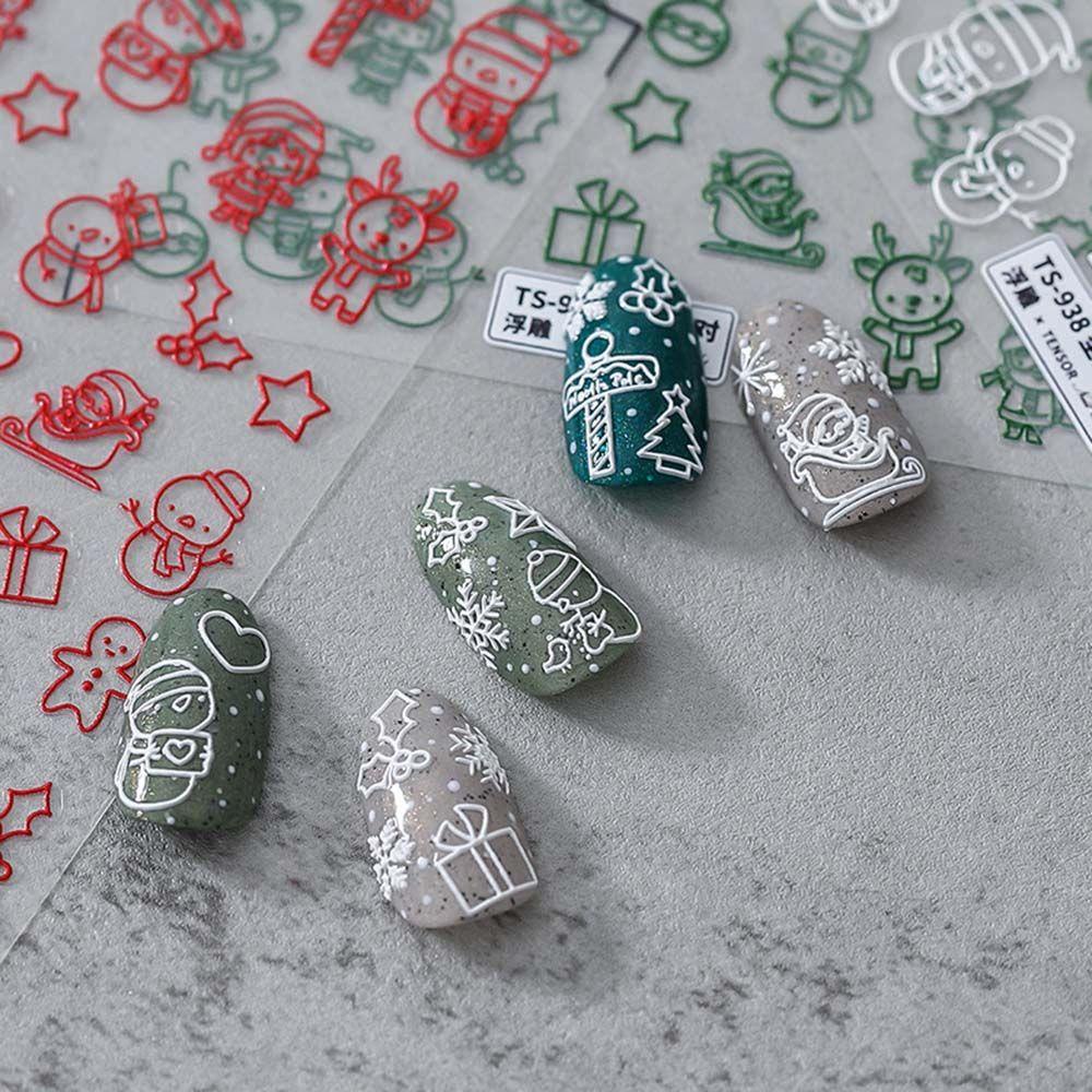 AUGUSTINA Agustina Christmas Nail Art Ukiran Relief Decals Elk Gingerbread Hari Natal DIY Dekorasi Kuku