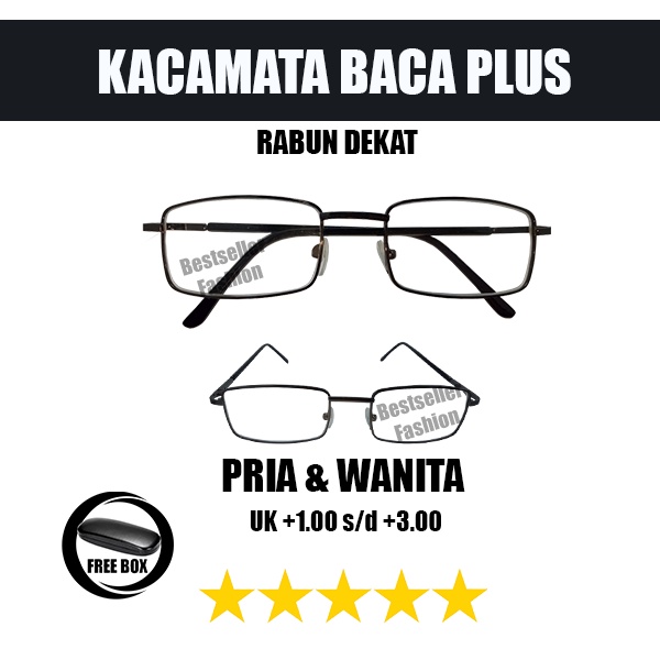 KACAMATA PLUS BACA UKURAN +1.00 S/D +3.00 PRIA WANITA KOTAK GUN ( ABU ) RABUN DEKAT FRAME BESI ELEGAN UNISEX FREECASE