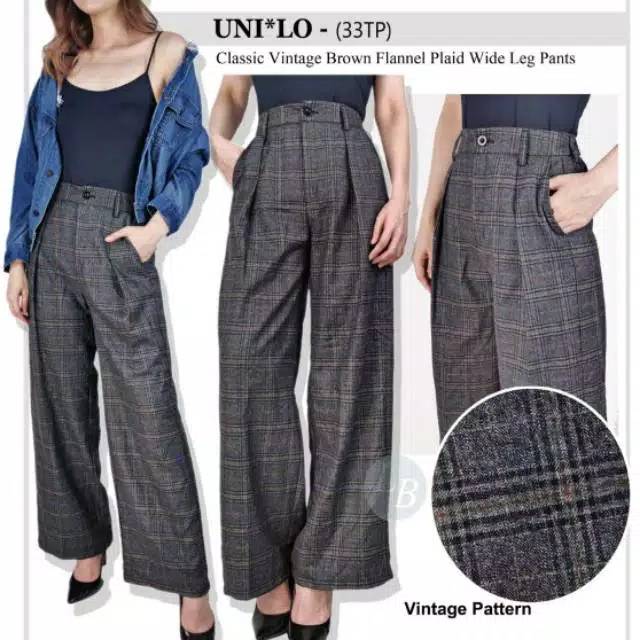 UNIqLO classic vintage brown flannel plaid wide leg pants