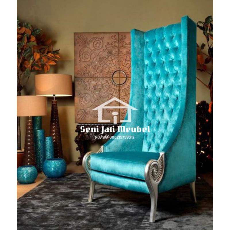 Kursi Single Sofa Wing Chair Sandaran Panjang Kain Jok Bludru furniture jepara
