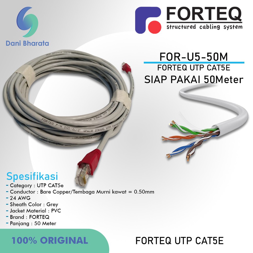Kabel Lan Cat5e UTP Copper Indoor Merk FORTEQ Kabel Lan Siap Pakai 50M BRAND TERNAMA