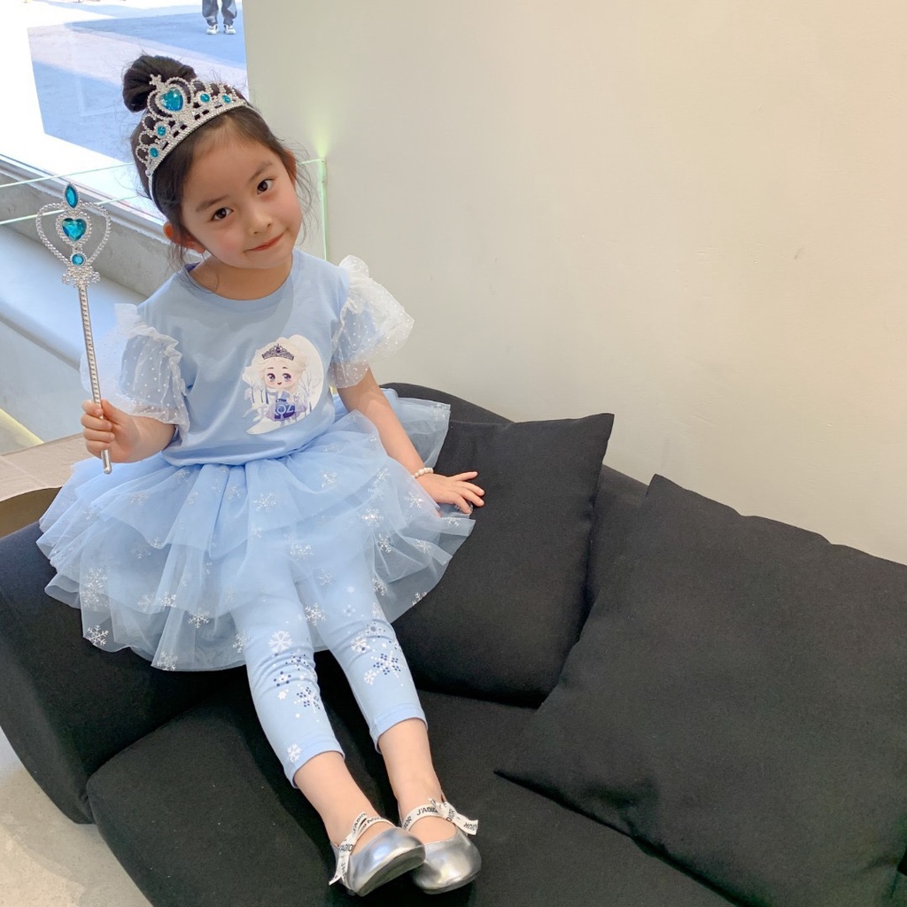 Setelan Anak Perempuan Impor Kaos dan Rok Tutu Legging Princess Frozen Elsa  Gratis Crown Set