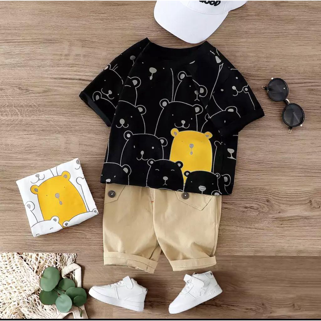 TokoMilkan Setelan Anak Laki Laki Yellow Panda | Baju Anak Bahan Katun Umur 1-6 Tahun