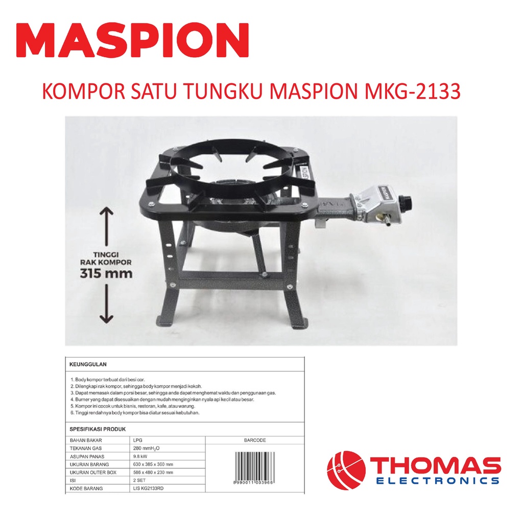 Kompor gas komersil Cor MASPION MKG 2133 RD Low Pressure GARANSI RESMI