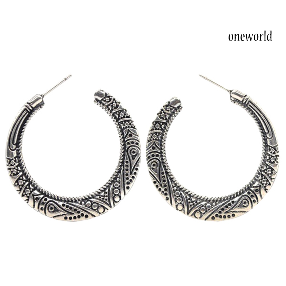 OW# Vintage Women Silver Plated Carved Circle Dangle Ear Stud Earrings Jewelry Gift