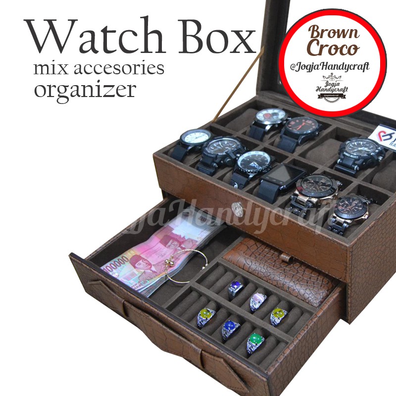 Kotak Tempat Jam Tangan isi 12 Laci Tempat Perhiasan Watch Box Accesories Organizer Jogja Handycraft