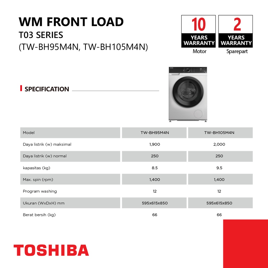 MESIN CUCI FRONT LOADING TOSHIBA KAPASITAS 9,5 KG TW-BH105M4N INVERTER GARANSI RESMI (MEDAN)