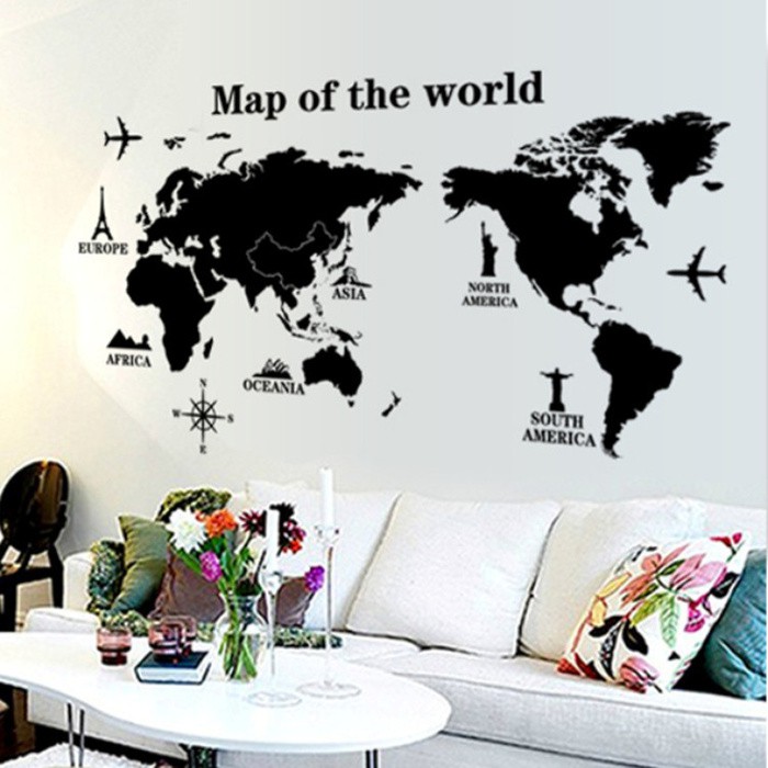 Stiker Dinding Wallpaper 60x90cm Motif Karakter map dunia benua hitam