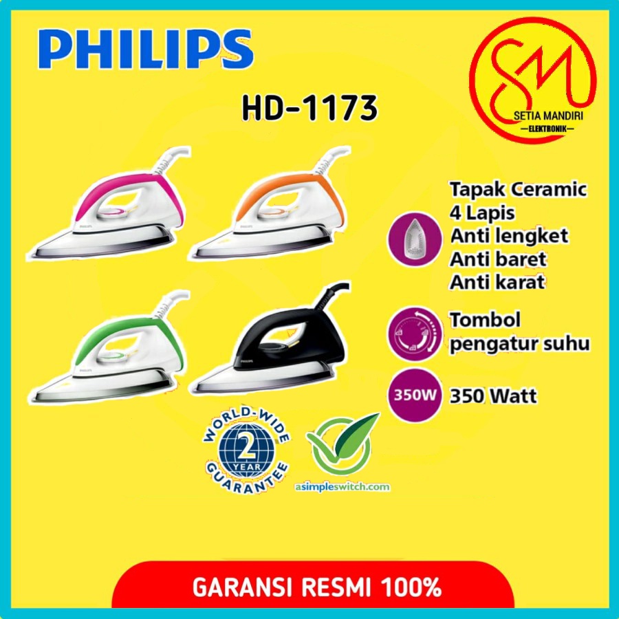 COD PHILIPS HD1173 Setrika Kering Classic Cepat dan Efisien 350 W HD 1173