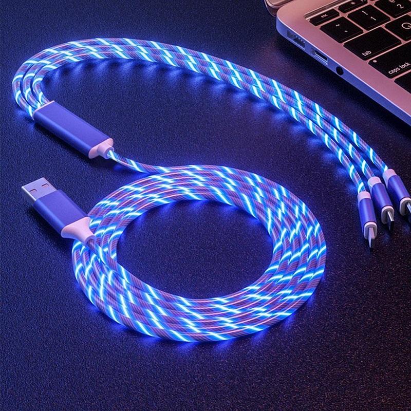 3 In 1 Kabel Data / Charger Usb Tipe-c 2.1a Fast Charging Dengan Lampu Led Untuk iOS / Android