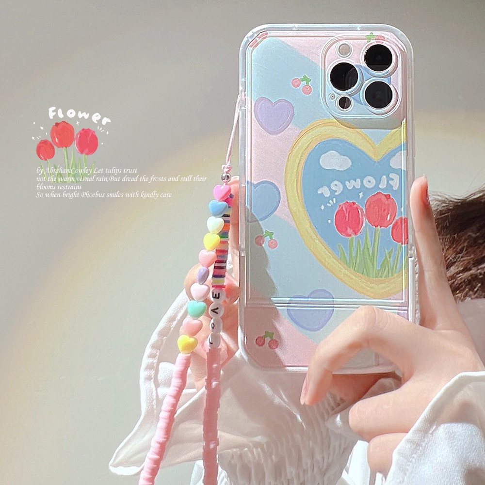 IPHONE Musim Panas Cinta Hati Gadis Tak Terlihat Lipat Bracket Phone Case Cover Dengan Manik-Manik Rantai Untuk Iphone7 8 PLUS X XR XS 11 12 13 14 PRO MAX Se2020