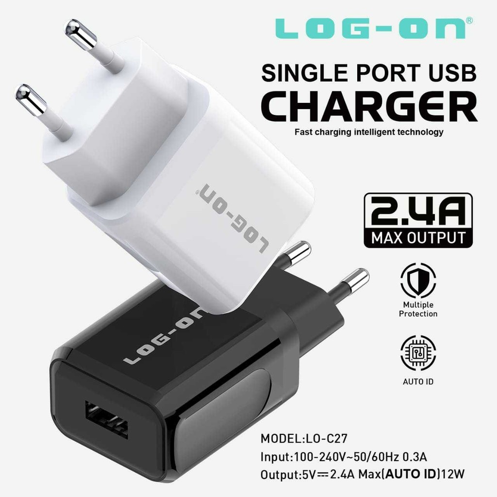 LOG ON LO-C27 Fast Adapter Charger 2.4A 12W Single Port USB Batok Casan 1 Lubang Tanpa Kabel