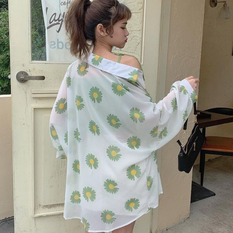Kemeja Tabir Surya Tipis Bunga All Match Longgar Gaya Wanita Korea